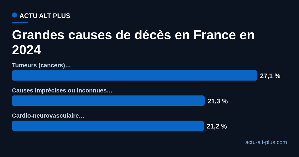 Répartition des grandes causes de décès en France en 2024 : tumeurs 27,1 %, causes imprécises ou inconnues 21,3 %, maladies cardio-neurovasculaires 21,2 %