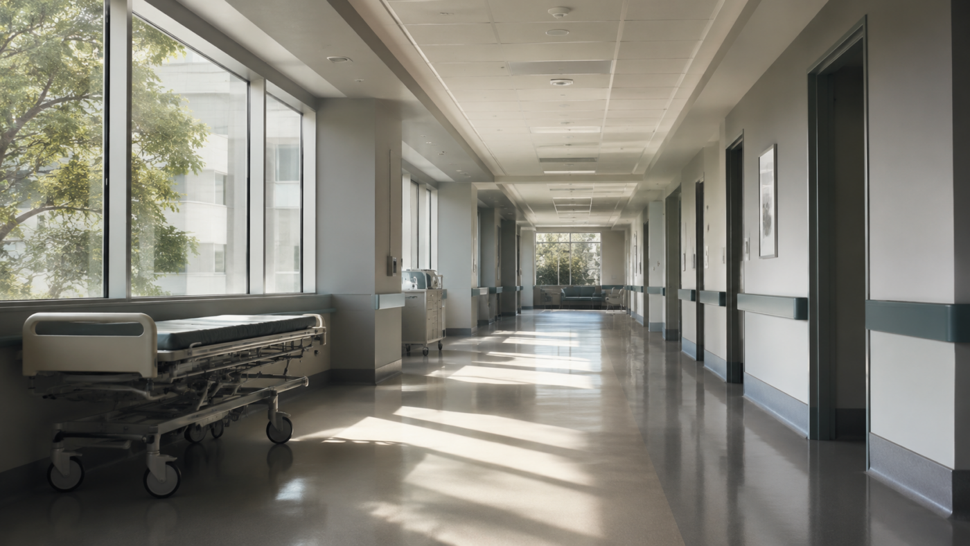 Un couloir d'hôpital calme et désert dans une lumière douce