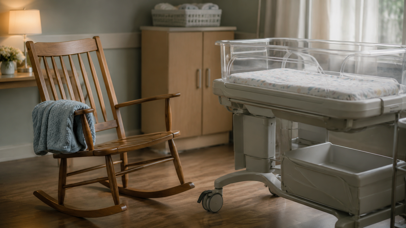 Un fauteuil à bascule vide à côté d'un berceau de néonatalogie, avec une couverture douce pliée, dans une chambre calme