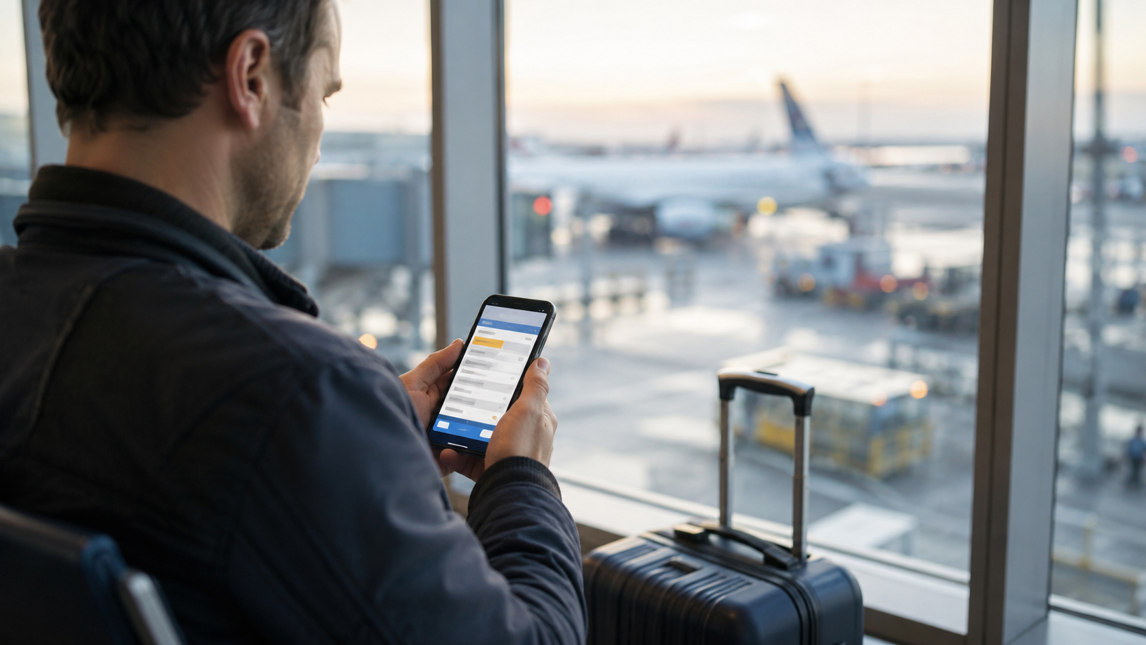Mains tenant un smartphone affichant une interface abstraite de statut de vol devant une fenêtre d'aéroport