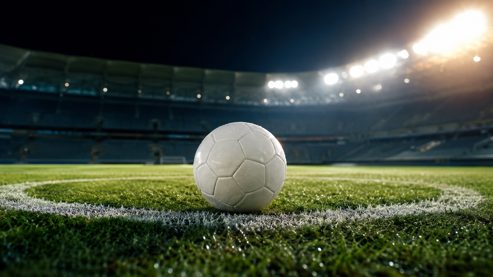 Gros plan d'un ballon de football blanc pose sur le rond central d'un stade americain eclaire la nuit
