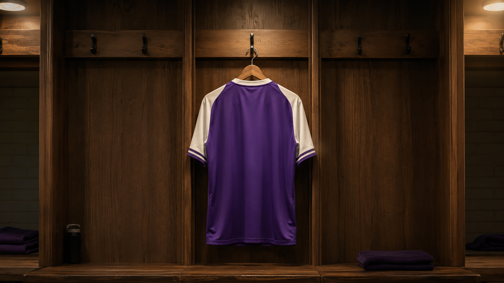 Maillot de football uni violet et blanc suspendu seul dans un vestiaire vide