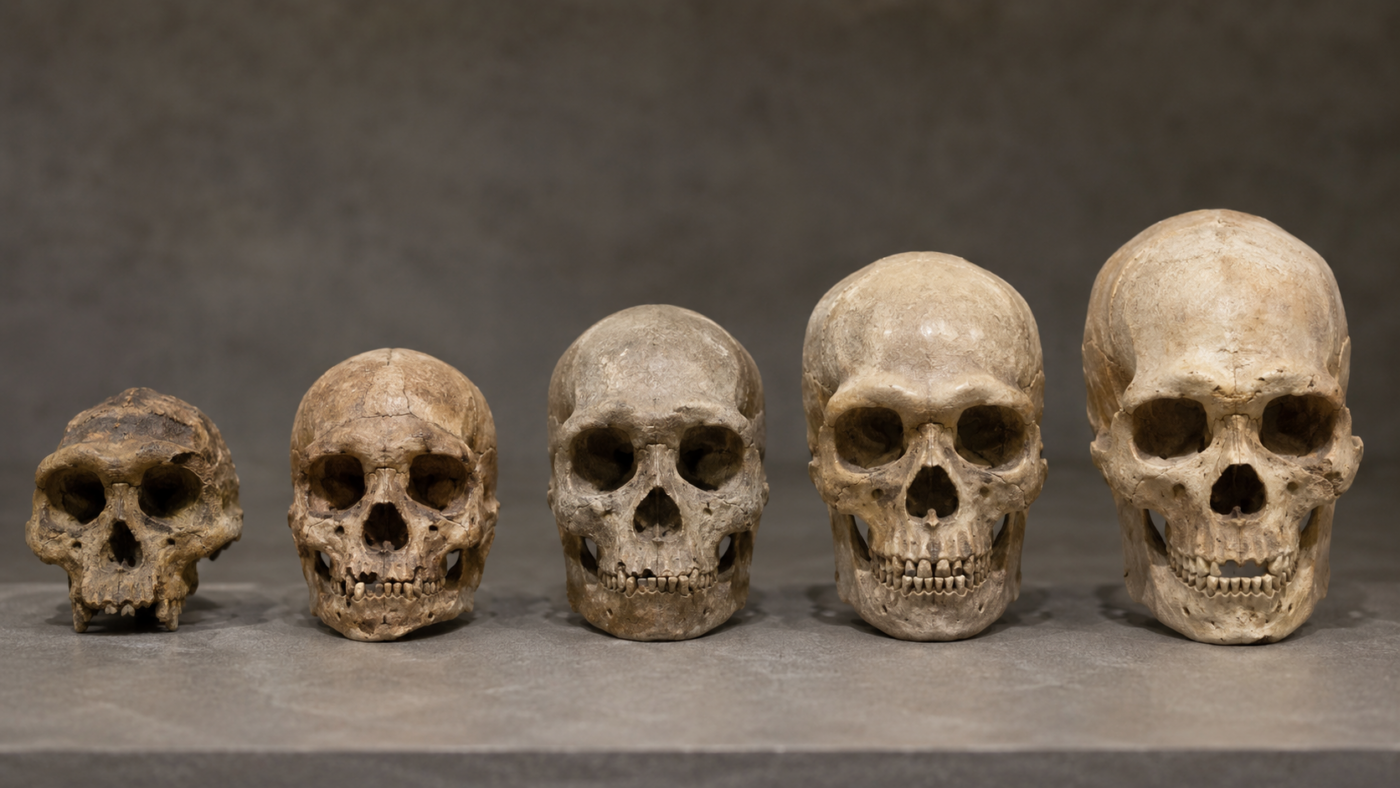 Une rangée de crânes fossiles d'hominidés montrant une boîte crânienne croissante et un visage décroissant, sur fond de musée