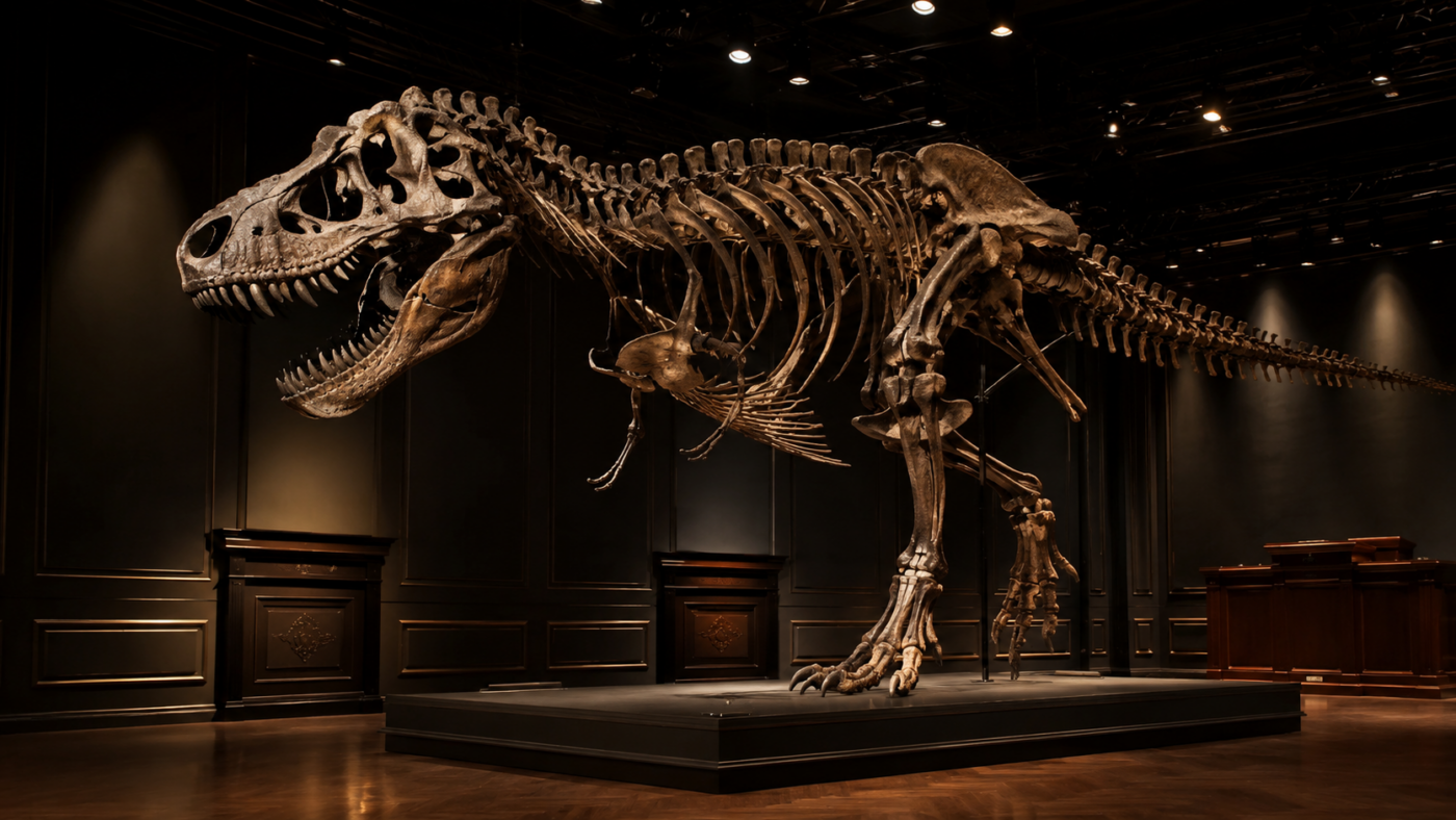 Squelette complet de tyrannosaure dressé dans un grand hall de maison de ventes sous des projecteurs