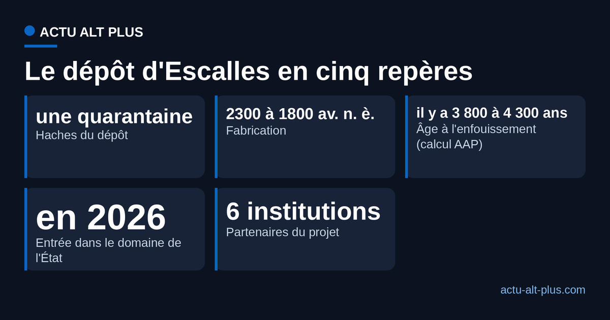 Cinq repères du dépôt de haches d'Escalles : une quarantaine d'objets, fabrication entre 2300 et 1800 avant notre ère, enfouissement il y a 3 800 à 4 300 ans, entrée dans le domaine de l'État en 2026, six partenaires du projet