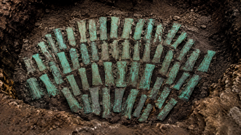 Une quarantaine de haches plates en bronze ancien posées ensemble sur une terre sombre au fond d'une fouille, patine vert-de-gris