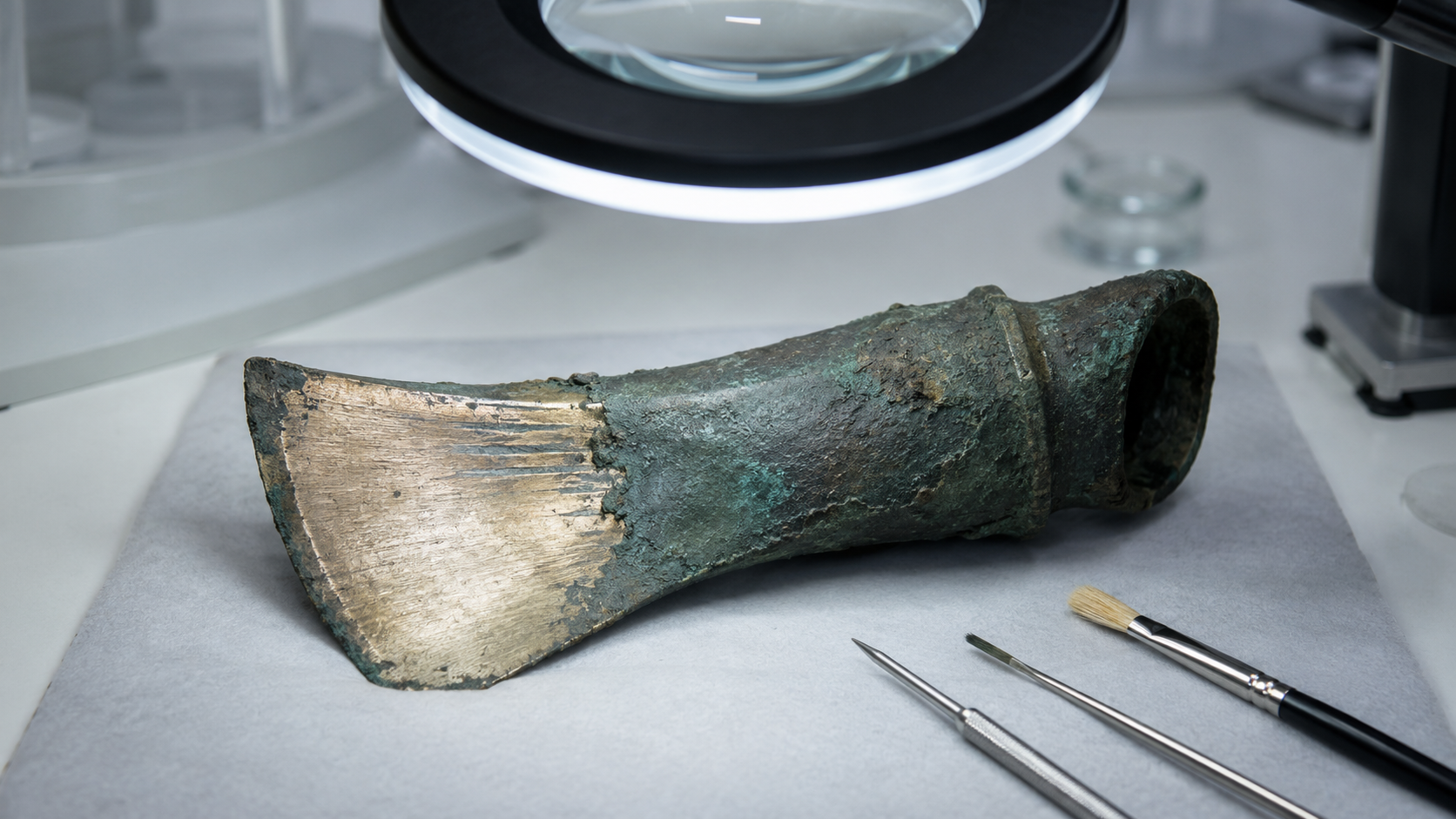 Une hache de bronze ancienne partiellement dégagée de sa corrosion sur un plan de travail de laboratoire, sous une lampe-loupe, outils fins autour