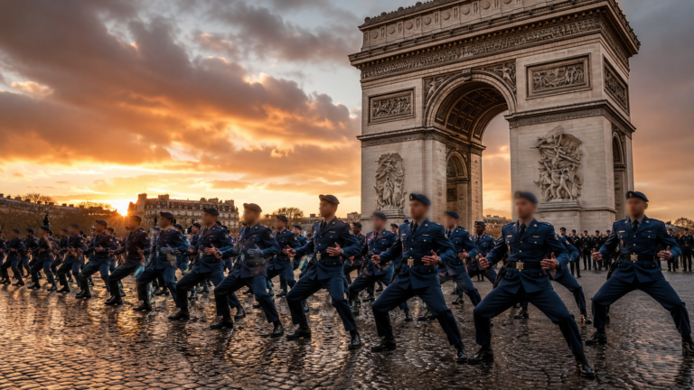 Des soldats anonymes en posture de haka devant un arc monumental parisien à l'aube