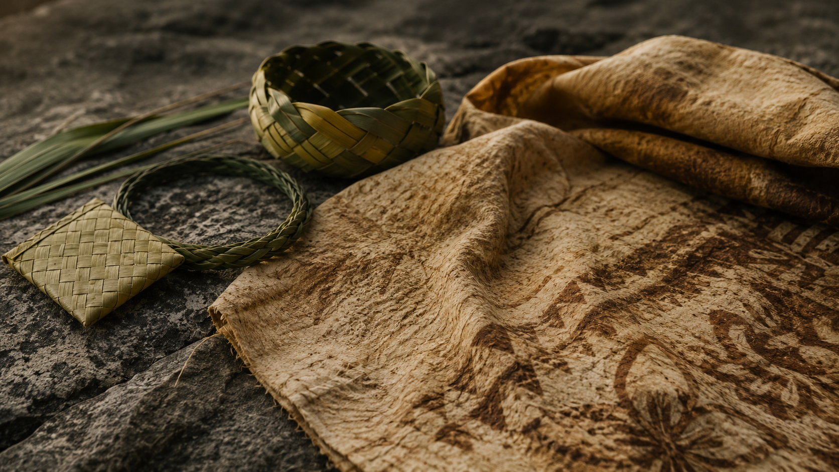 Nature morte d'un tissu tapa et d'un tressage de pandanus posés sur la pierre