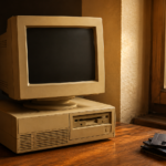Vieil ordinateur de bureau beige et moniteur cathodique eteint sur un bureau en bois, avec une pile de disquettes 3,5 pouces, dans une lumiere de fin d'apres-midi