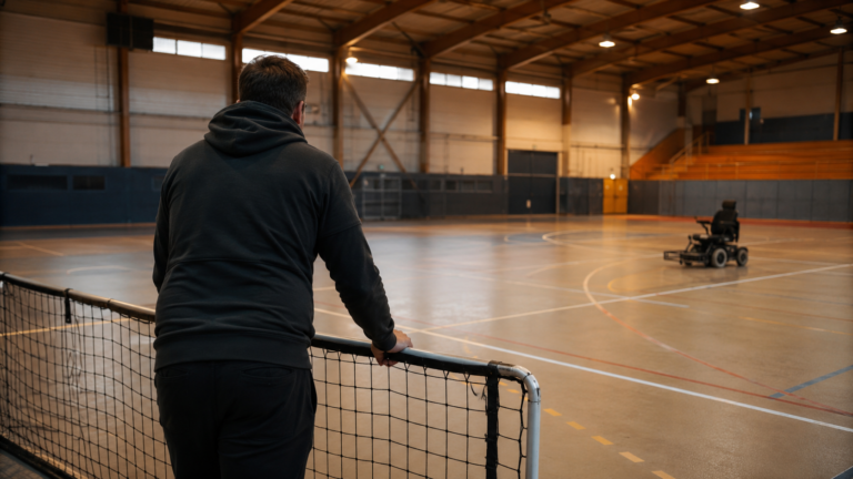 Un bénévole anonyme prépare un terrain intérieur avant une séance de foot handisport.