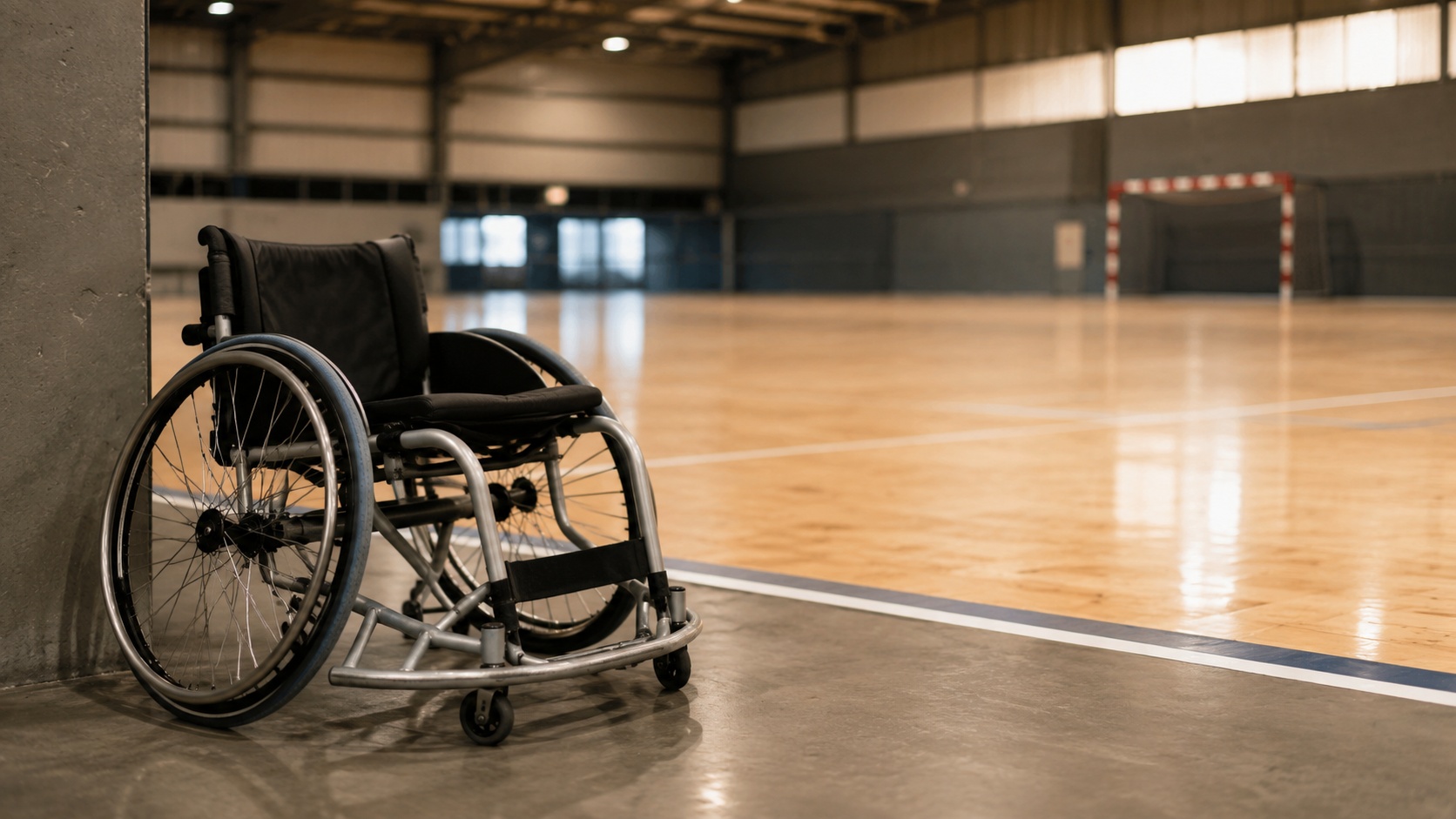Un fauteuil roulant de sport posé au bord d'un terrain intérieur vide.