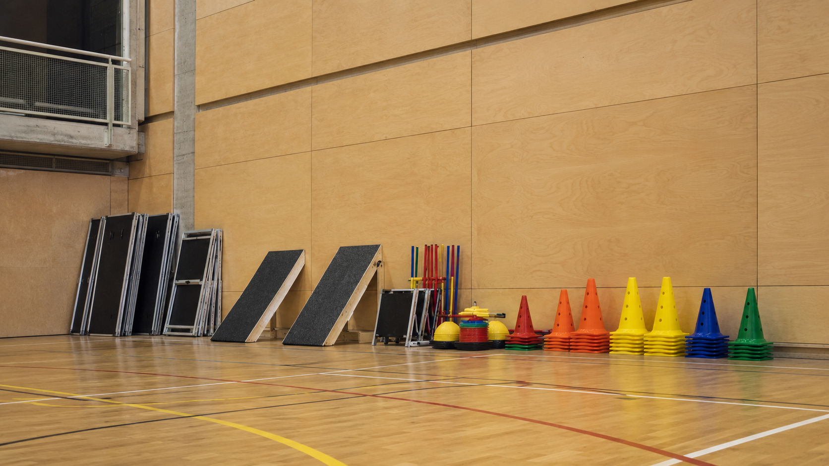Du matériel handisport, rampes et plots, rangé le long d'un mur de gymnase.