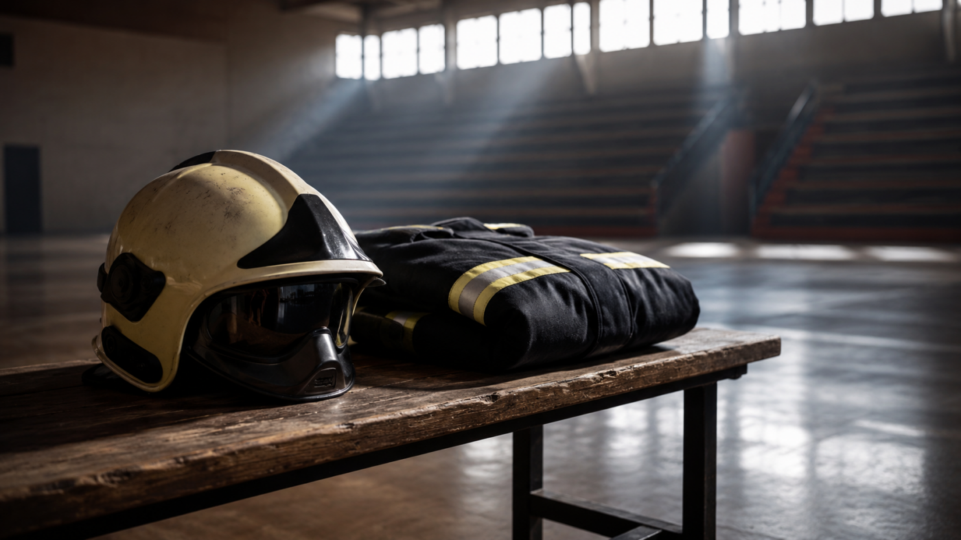 Casque et veste de sapeur-pompier posés sur un banc dans une grande salle vide