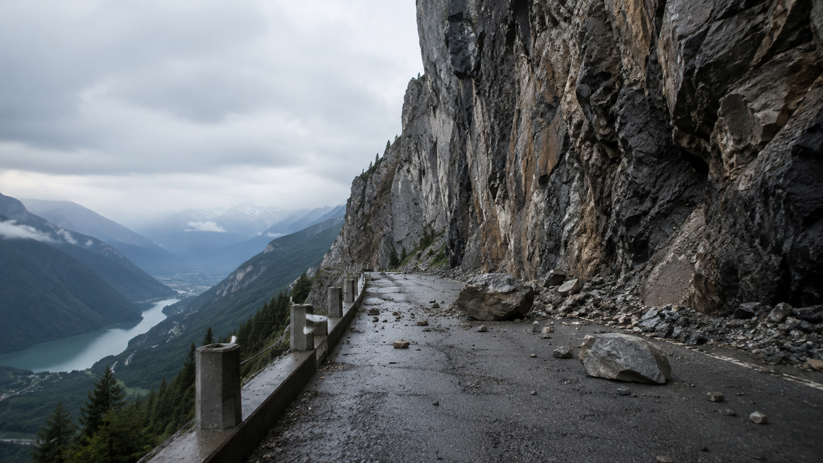 Route de montagne étroite au pied d'une falaise, pierres tombées sur la chaussée et balisage de sécurité