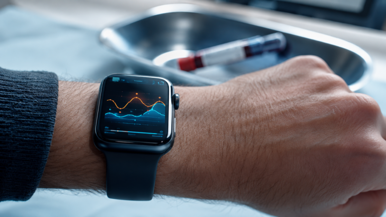 Une montre connectée affichant des graphes de santé au poignet, un tube de sang flou en arrière-plan