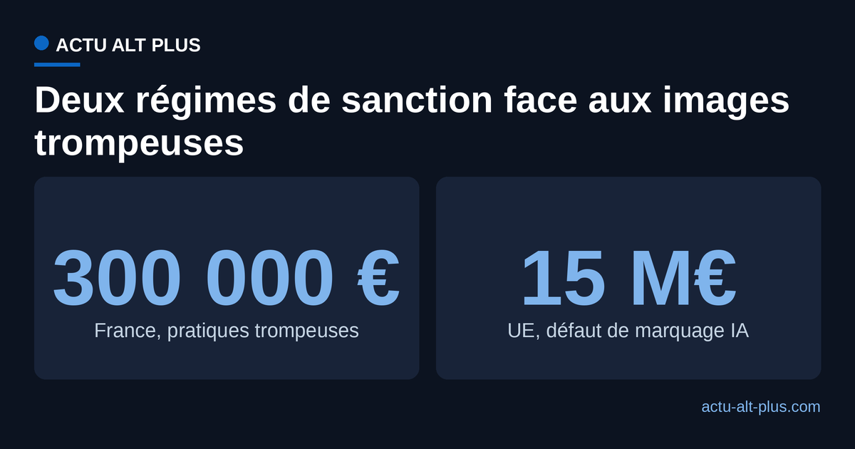 Comparaison des amendes maximales : pratiques commerciales trompeuses en France, 300 000 euros, contre défaut de marquage IA dans l'Union européenne, 15 millions d'euros