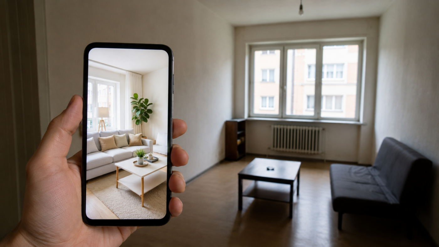Un smartphone affichant une photo d'appartement trop parfaite, tenu devant une pièce réelle sombre et ordinaire