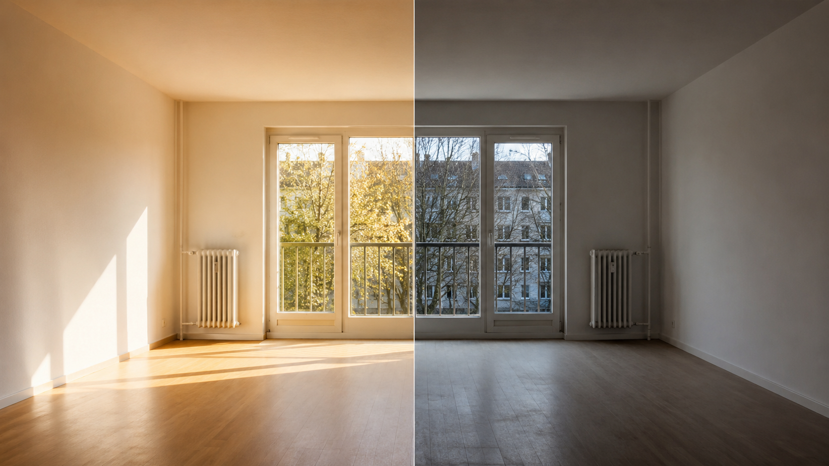 La même pièce vide en diptyque, un côté ensoleillé et parfait, l'autre sombre et nu