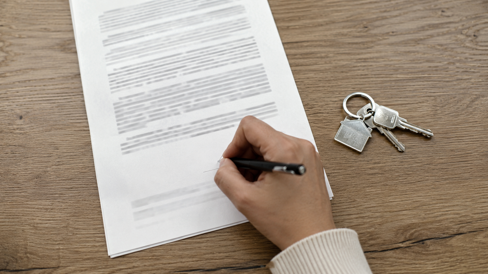 Une main signant un contrat de location sur une table, à côté d'un trousseau de clés, vue de dessus