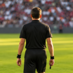 Un arbitre de football vu de dos sur une pelouse ensoleillée, sifflet à la main, tribunes floues au loin
