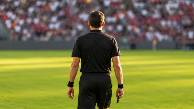 Un arbitre de football vu de dos sur une pelouse ensoleillée, sifflet à la main, tribunes floues au loin