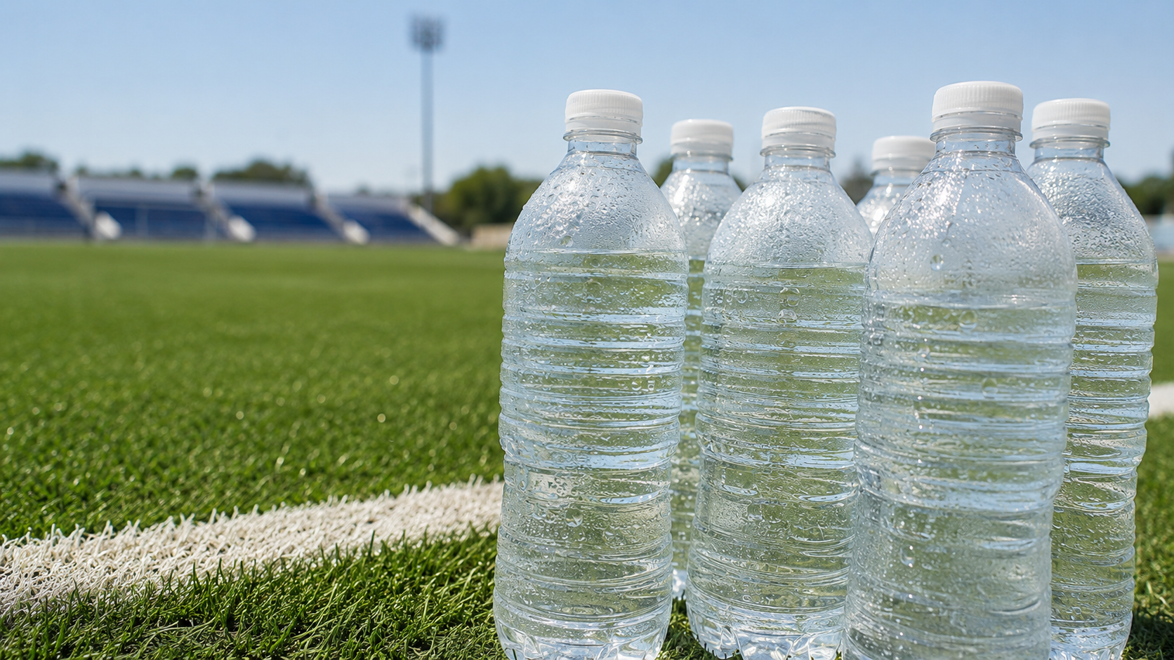 Des bouteilles d'eau alignées au bord d'une pelouse de football en plein soleil, terrain vide en arrière-plan