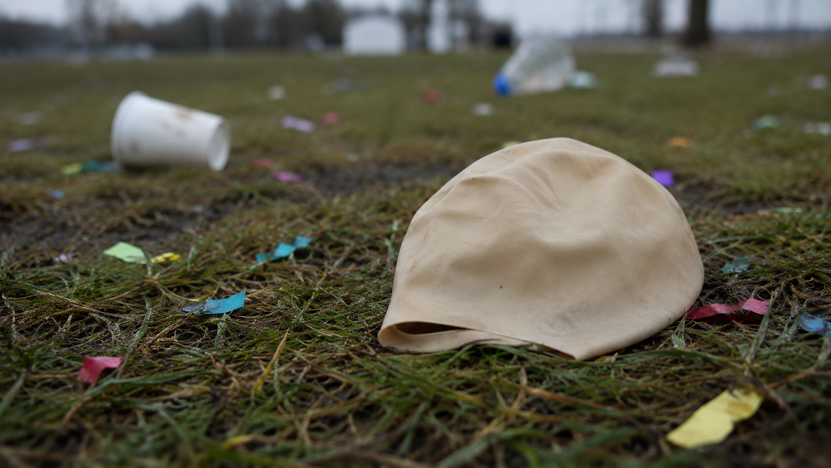 Une calotte de chauve en latex abandonnée sur l'herbe après un concert, au petit matin