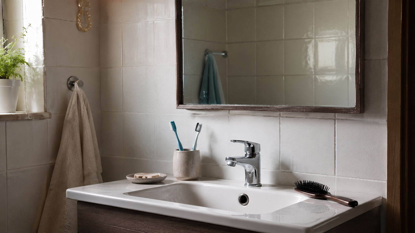 Une brosse à cheveux posée sur le rebord d'un lavabo, dans une salle de bains ordinaire le matin