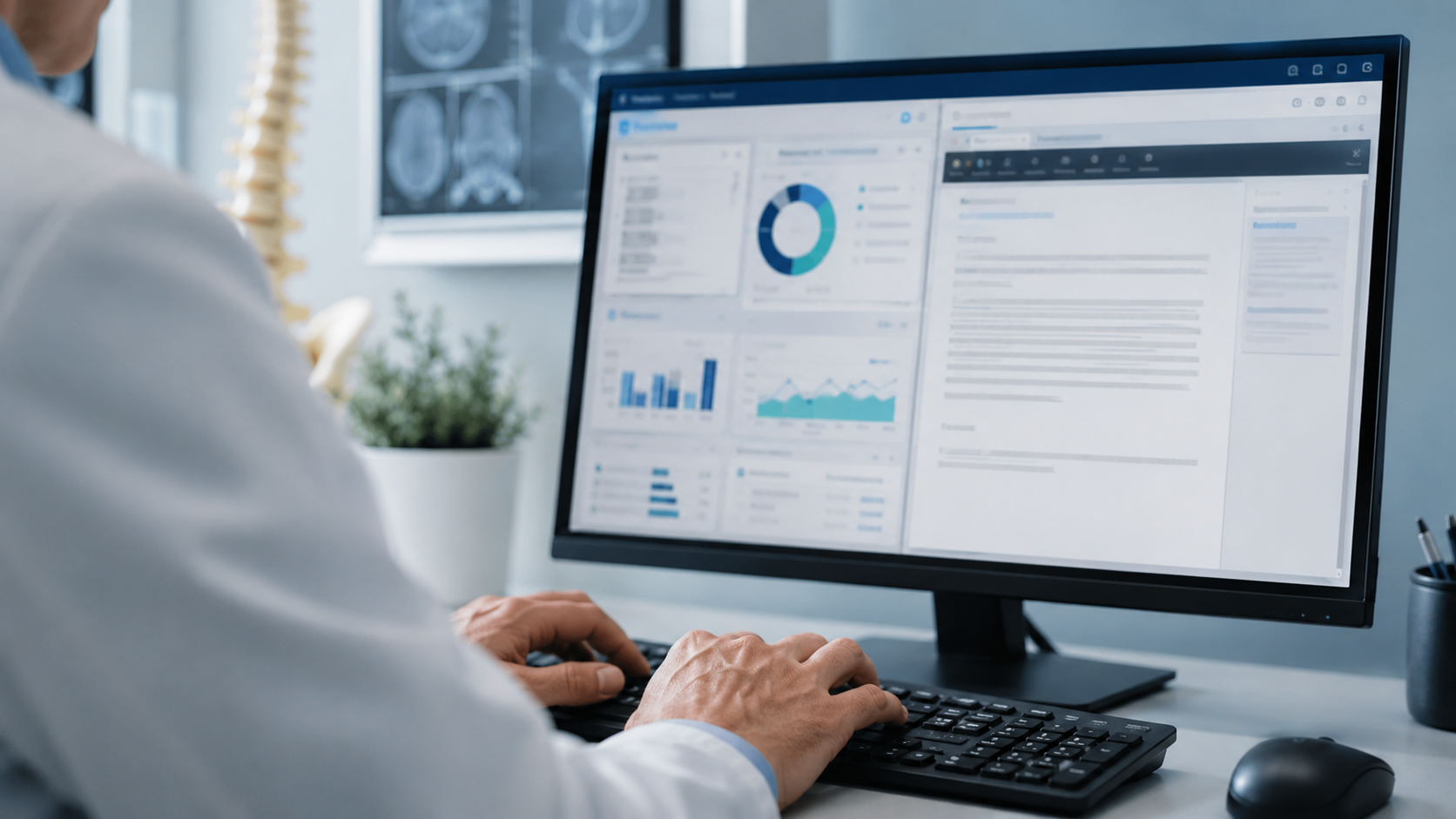 Mains d'un medecin sur un clavier devant un tableau de bord clinique et un brouillon de compte rendu