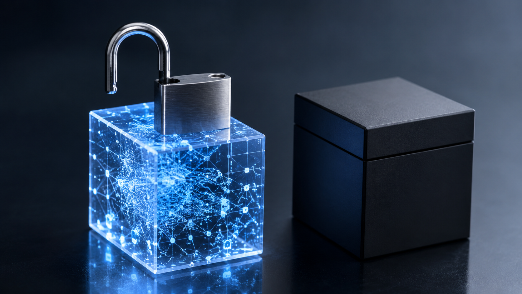 Un cadenas ouvert posé sur un cube de données lumineux à côté d'une boîte noire fermée et opaque