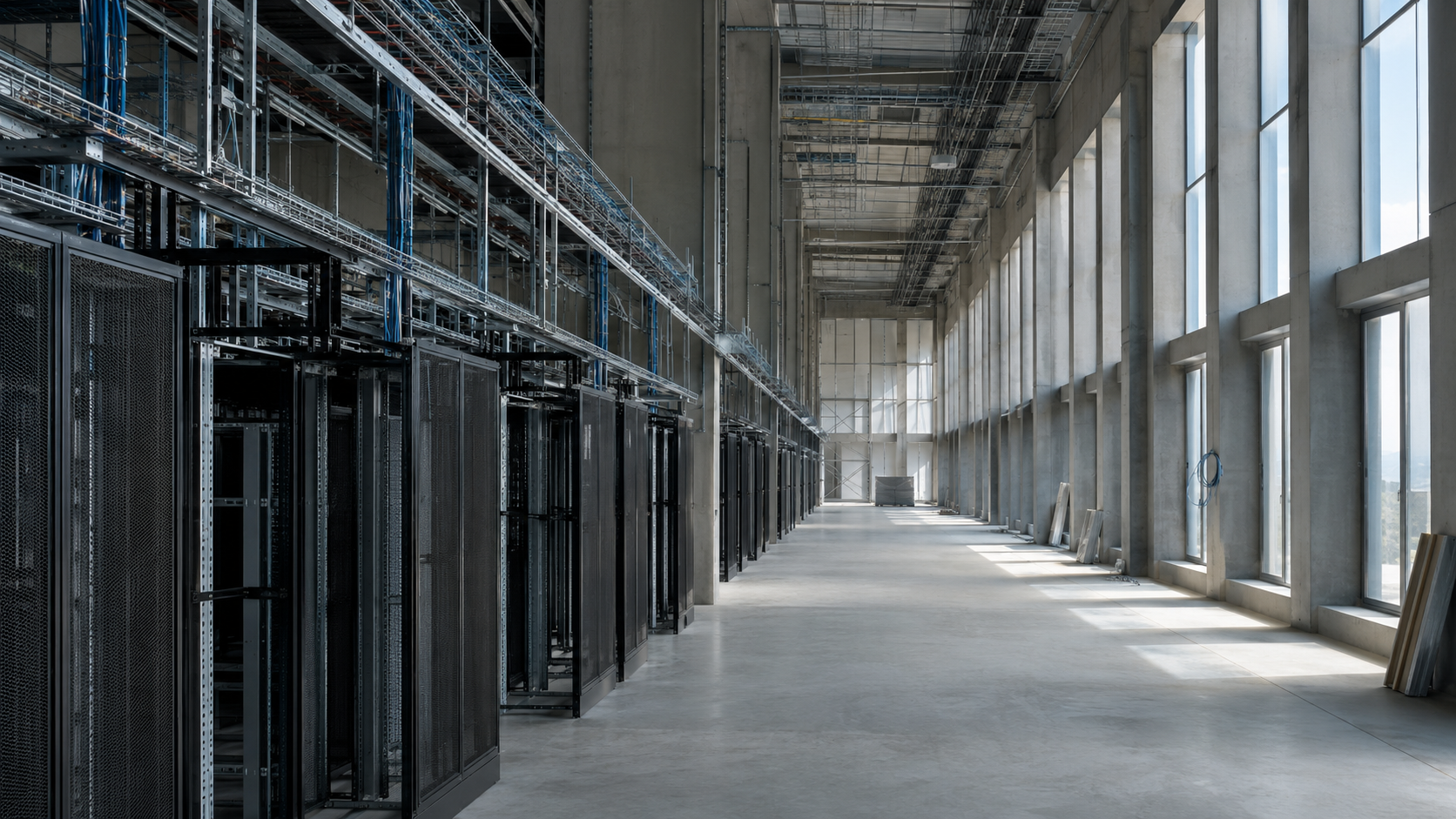 Intérieur d'un datacenter européen en construction, longues rangées de baies vides et câblage apparent dans une halle en béton