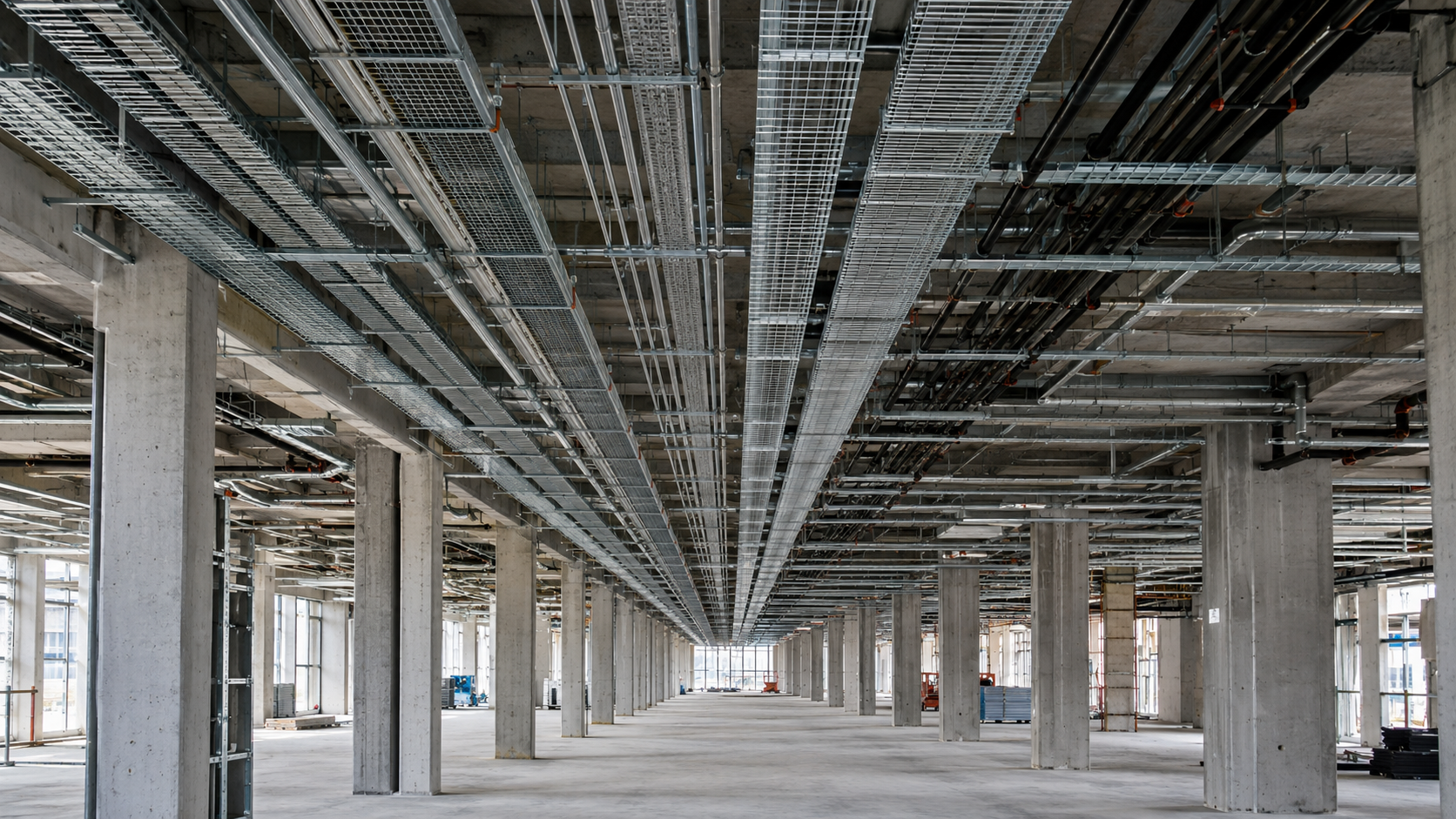 Vaste halle industrielle en construction, longues rangées de chemins de câbles et de conduits électriques au plafond, sol en béton brut