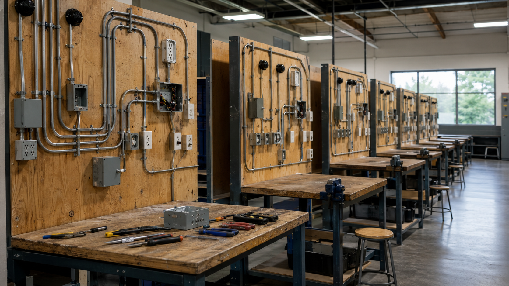 Atelier de formation professionnelle vide, panneaux d'exercice équipés de conduits électriques, boîtiers et interrupteurs, outils sur un plan de travail