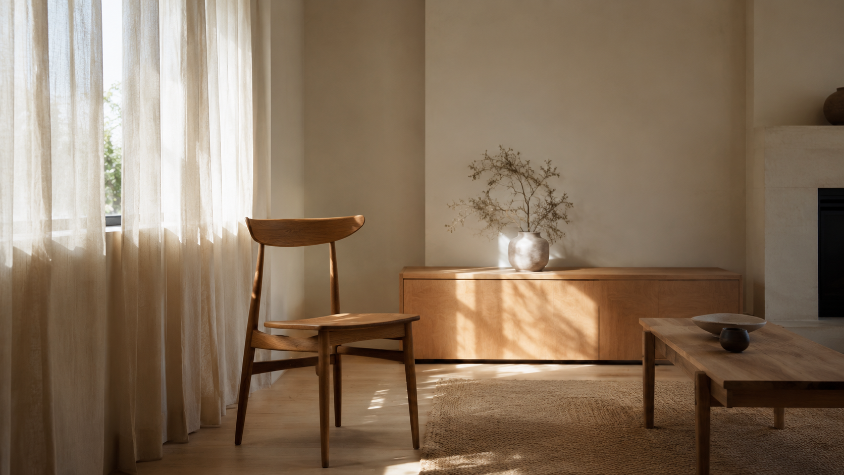 Une chaise en bois vide près d'une fenêtre baignée d'une lumière de jour douce à travers un voilage