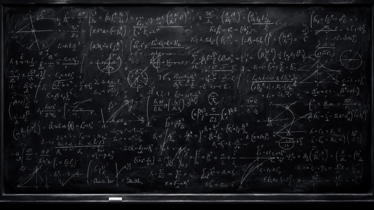 Un tableau noir entièrement recouvert de symboles mathématiques abstraits tracés à la craie