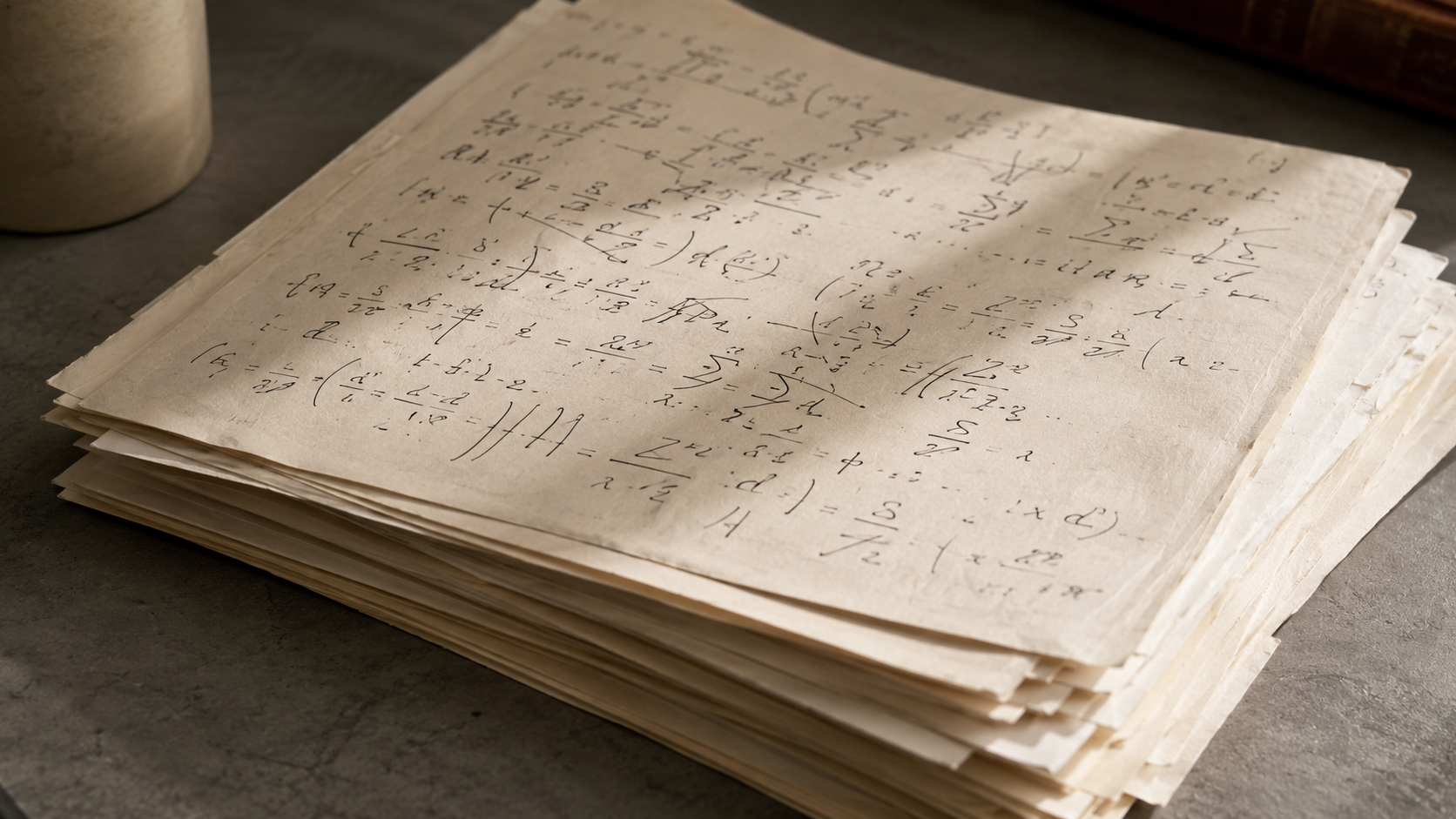 Une pile de feuilles manuscrites couvertes d'équations abstraites sur un bureau