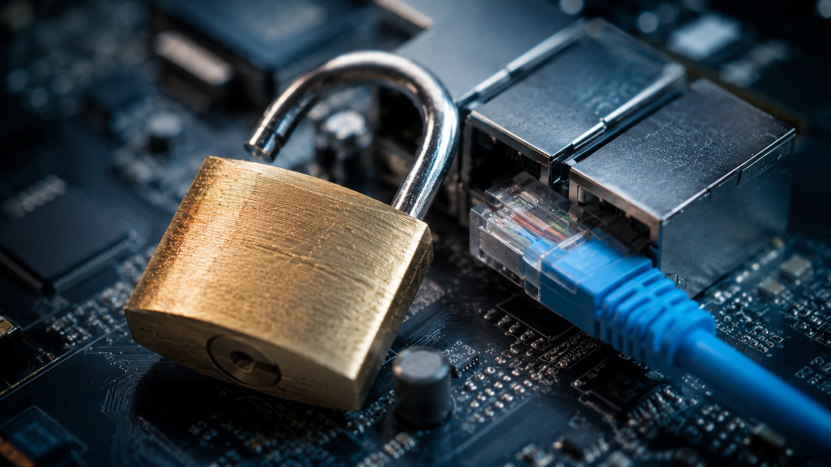 Un cadenas ouvert pose sur une carte mere a cote d'un cable reseau que l'on branche