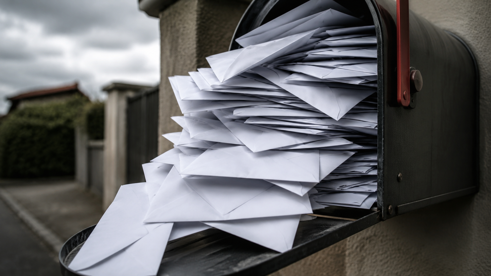 Boite aux lettres debordant d'enveloppes blanches identiques sans etiquette, quelques-unes glissant a l'exterieur, lumiere du jour sourde