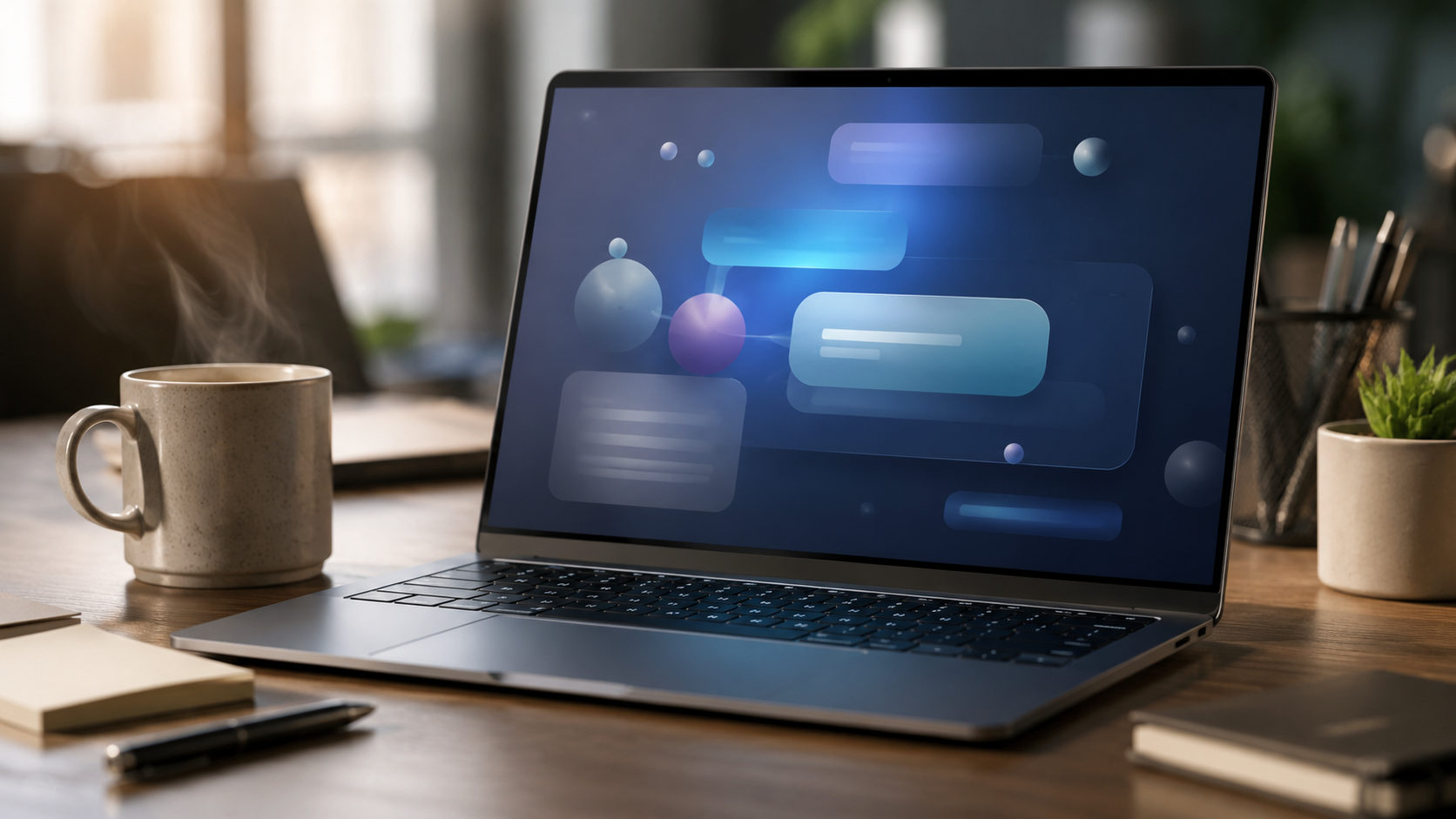 Écran d'ordinateur portable montrant une interface d'assistant IA abstraite, avec une tasse de café
