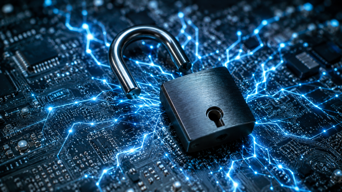 Cadenas ouvert posé sur une carte de circuit imprimé lumineuse aux traces de réseau de neurones