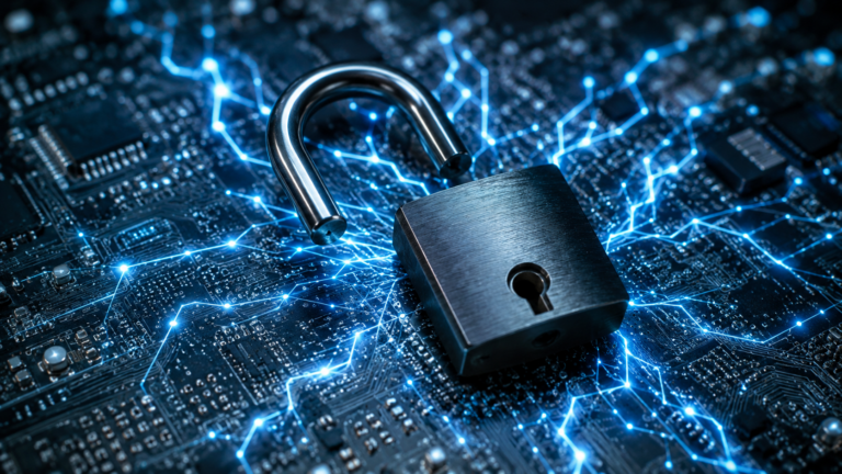 Cadenas ouvert posé sur une carte de circuit imprimé lumineuse aux traces de réseau de neurones