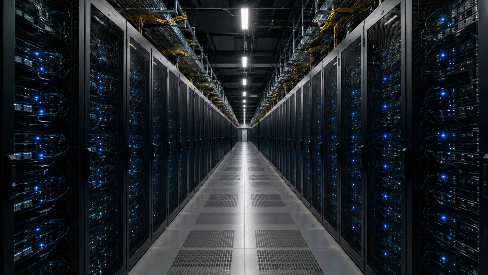 Couloir de data center avec rangées de baies serveurs et diodes bleues