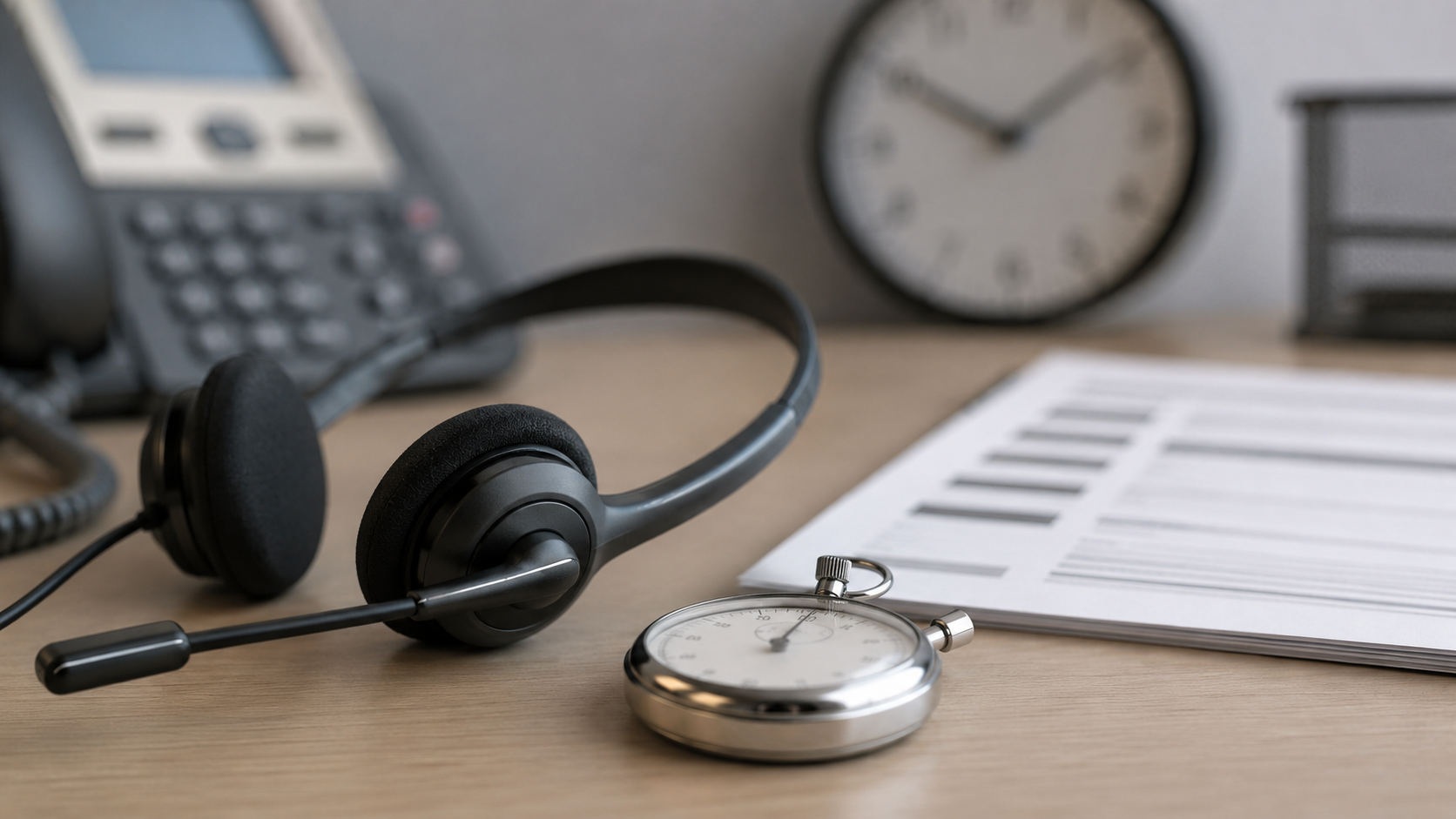 Gros plan d'un casque de téléphone posé à côté d'un chronomètre et d'un script d'appel imprimé