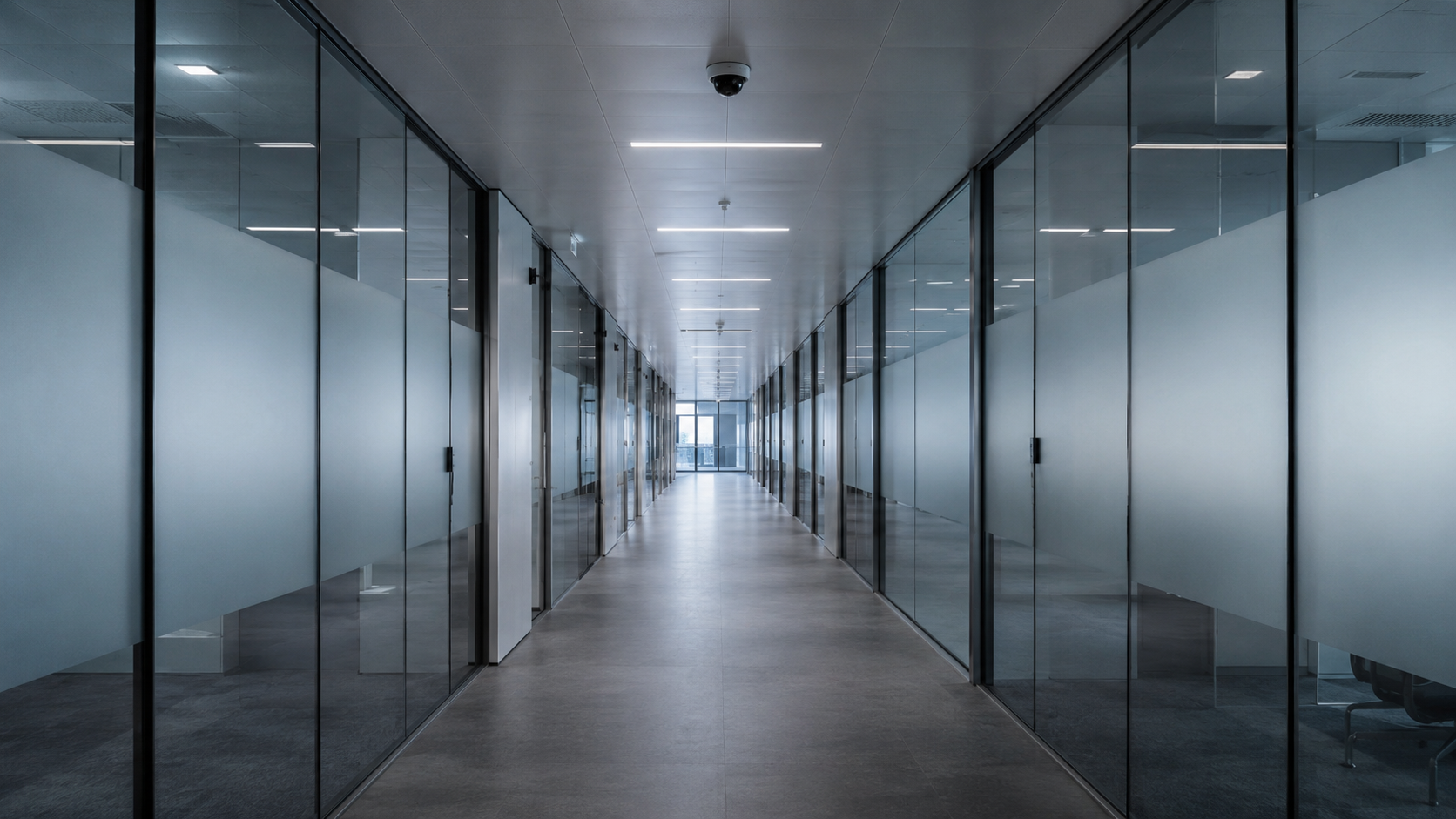 Un couloir de bureau moderne et vide avec un discret dôme de caméra au plafond et un mur de verre dépoli