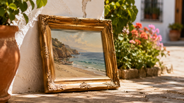 Petit tableau de plage au cadre doré posé contre un mur de jardin ensoleillé