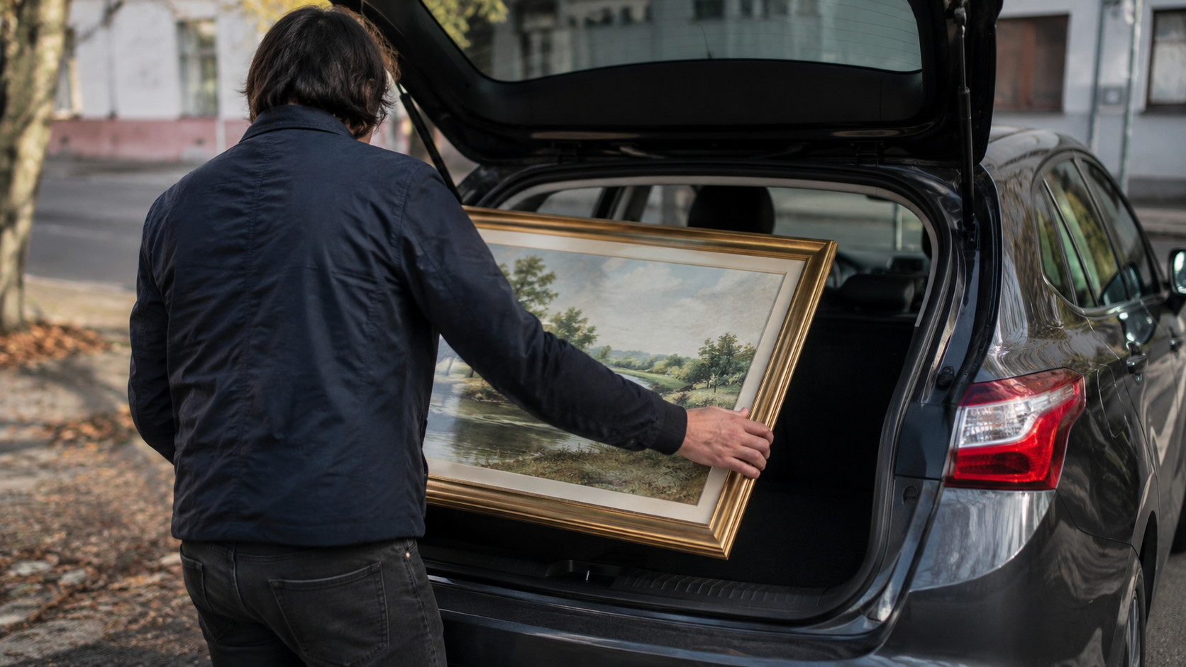 Personne anonyme de dos rangeant un tableau encadré dans le coffre d'une voiture