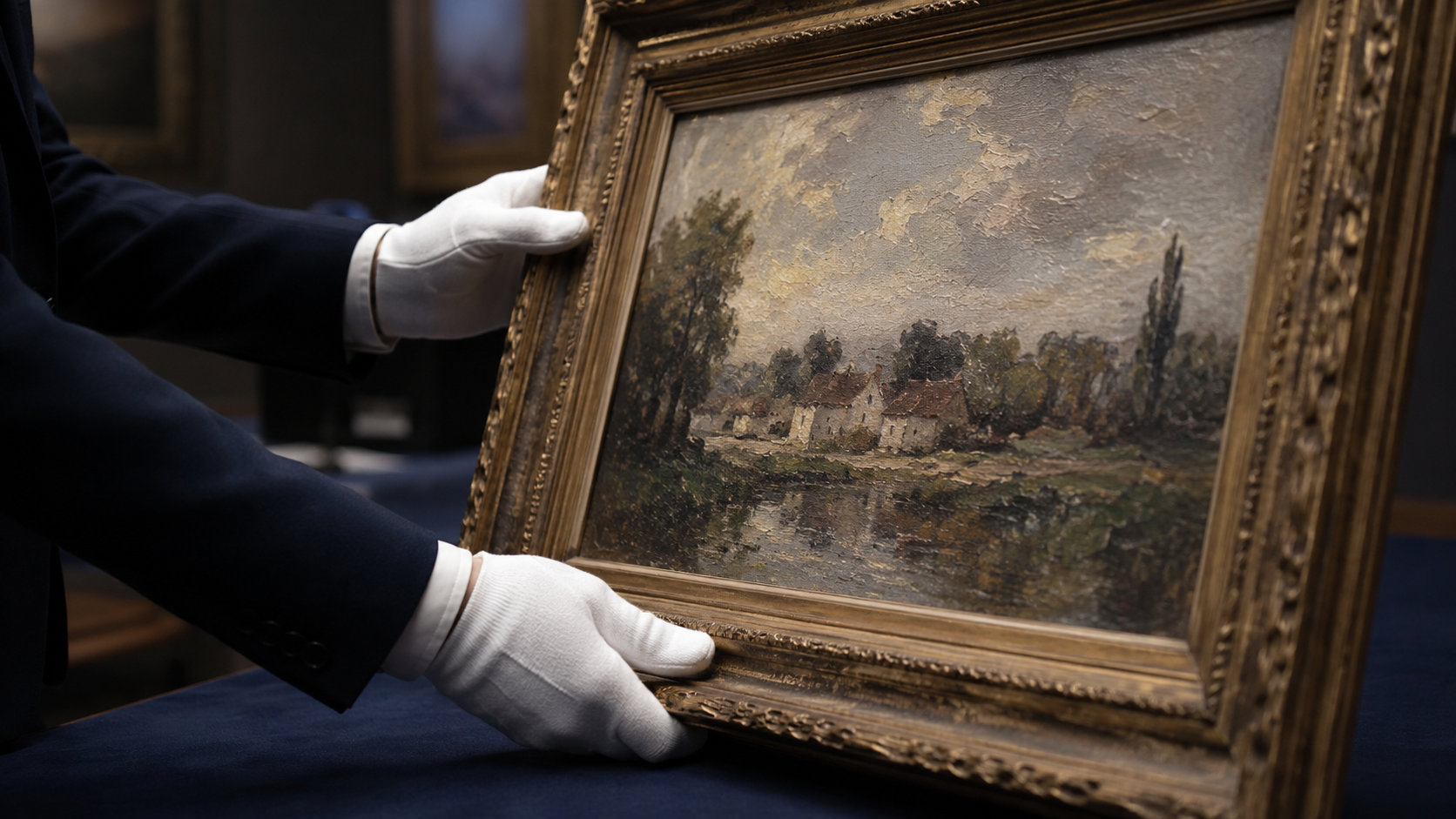 Mains gantées manipulant un tableau encadré dans une maison de ventes