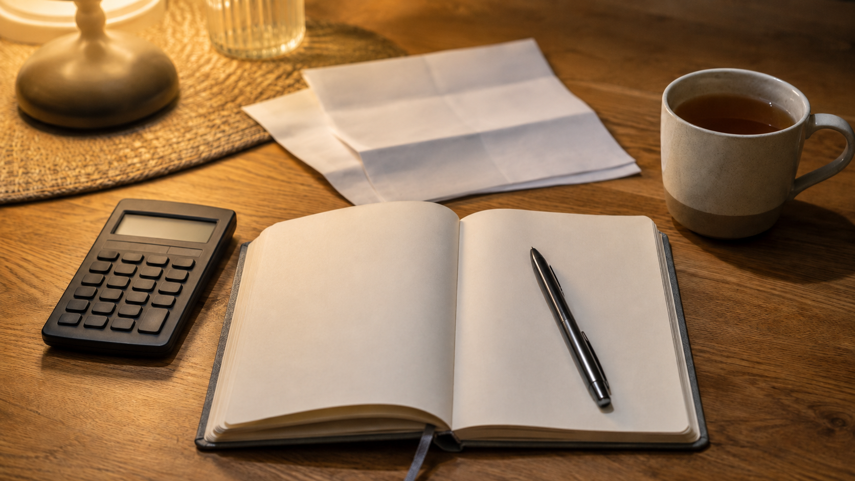 Un cahier de comptes ouvert, une calculatrice et une facture pliée sur une table de cuisine le soir