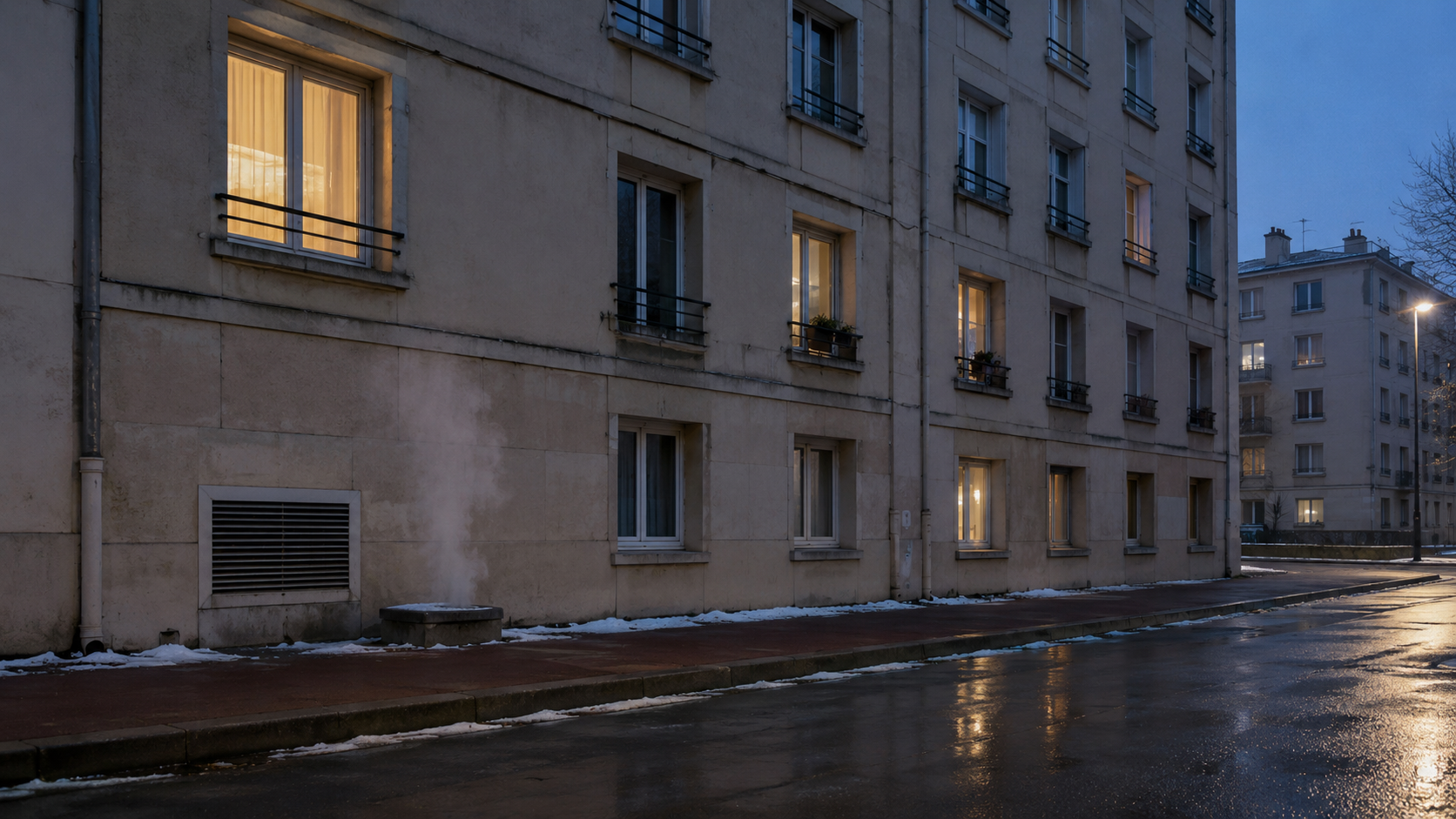La façade d'un immeuble d'habitation ordinaire en hiver, au crépuscule, quelques fenêtres allumées